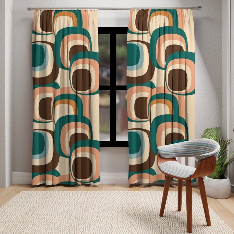 Window Curtains, Retro Geometric Pattern, Earthy Color Palette, Mid Century