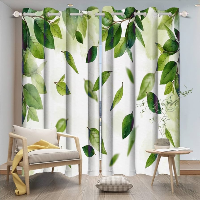 Window Curtains Rustic Botanical Branch Green Leaf Pattern Grommet Top
