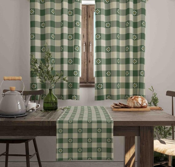 Window Curtains Scotch Tartan Green White Red Accent Rod Pocket