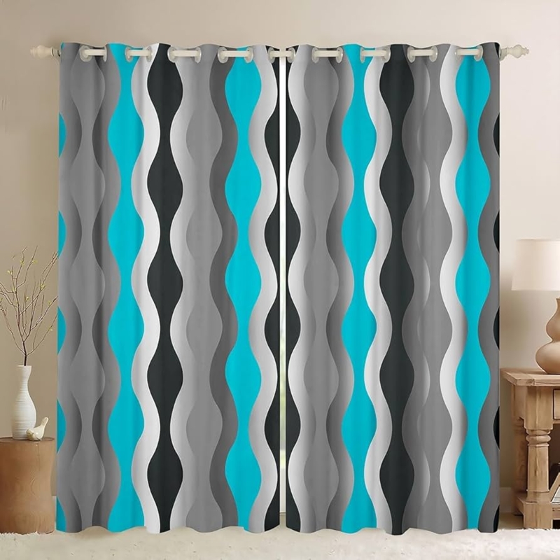 Window Curtains, Teal Geometric Pattern, Polygon Print, Mid Century Decor