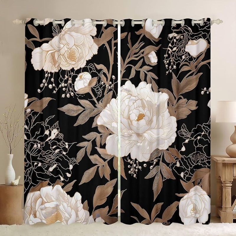 Window Curtains Vintage Blackout Grommet Top with Gold Leaf Pattern