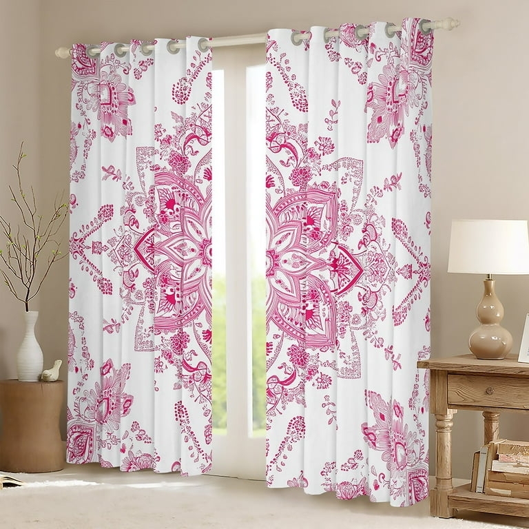 Window Curtains: Vintage Flower Drapes, Pink & Teal Floral Grommet Top