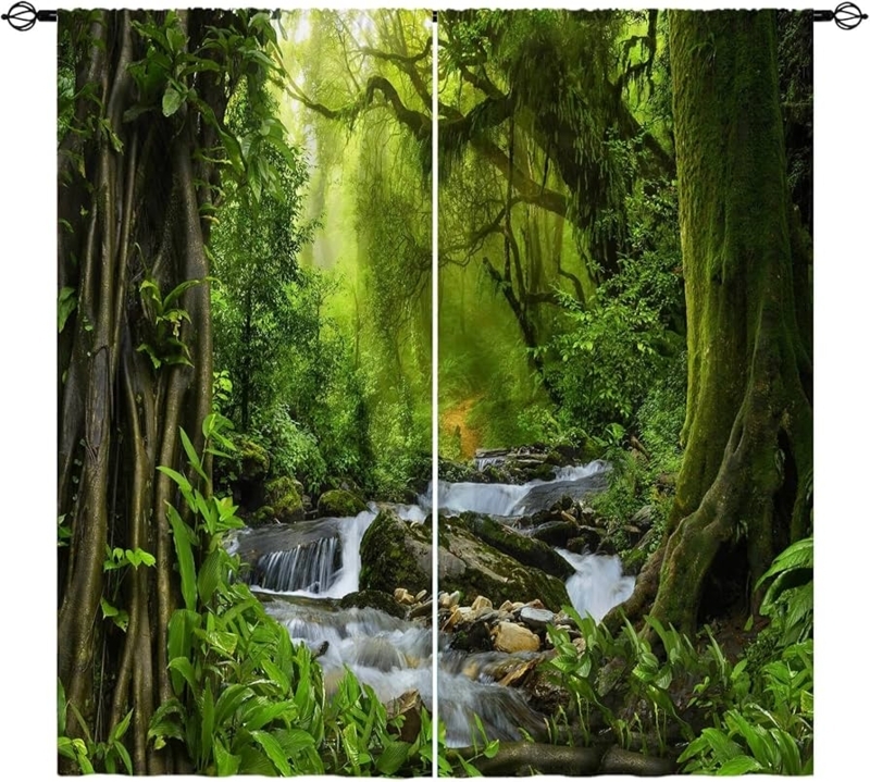 Window Curtains Waterfall Scenery Print Tropical Jungle Rod Pocket