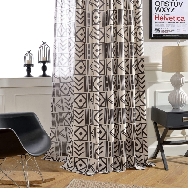 Window Curtains, White Geometric Tribal Print, Black Ground Fabric, Boho Chic