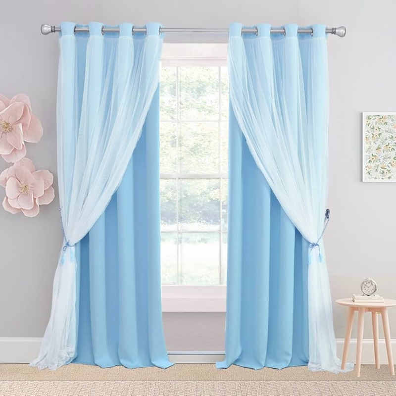Window Curtains with Star Tie Backs Double Layer Blue and White Mix