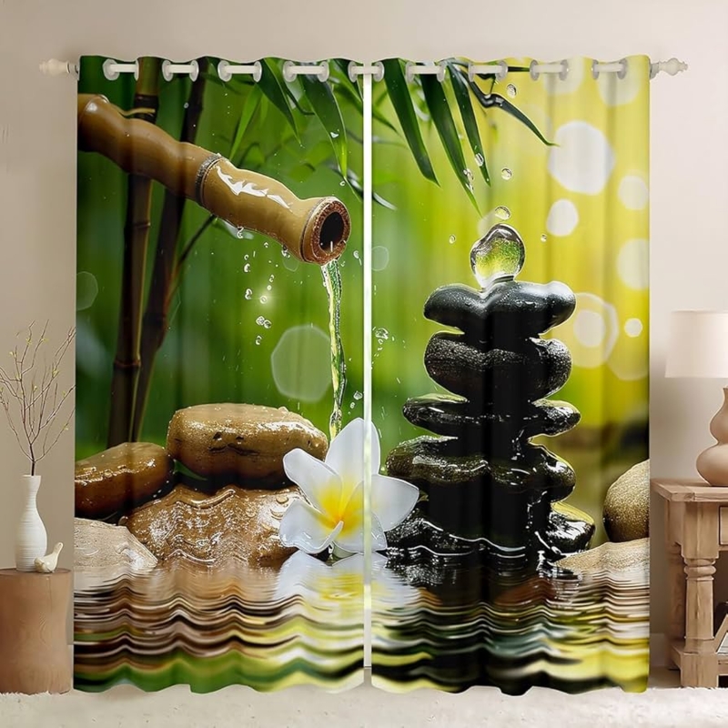 Window Curtains: Zen Bamboo Nature Print, Green Grommet Top Panels