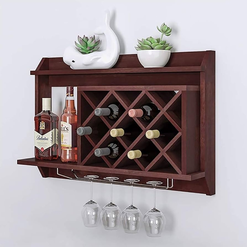 Wine Rack, Three-Tier Mixed Material with Stemware Holder, Industrial Style