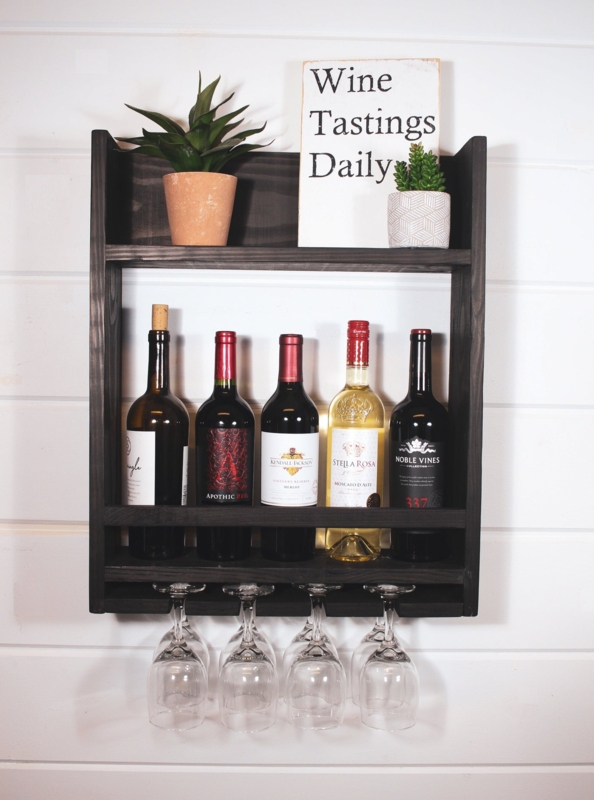 Wine Rack, Wall Mounted Design with Integrated Stemware Rack, Dark Metal