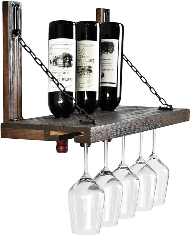 Wine Rack with Integrated Glass Holder, Pine Texture, Floating Shelf Design