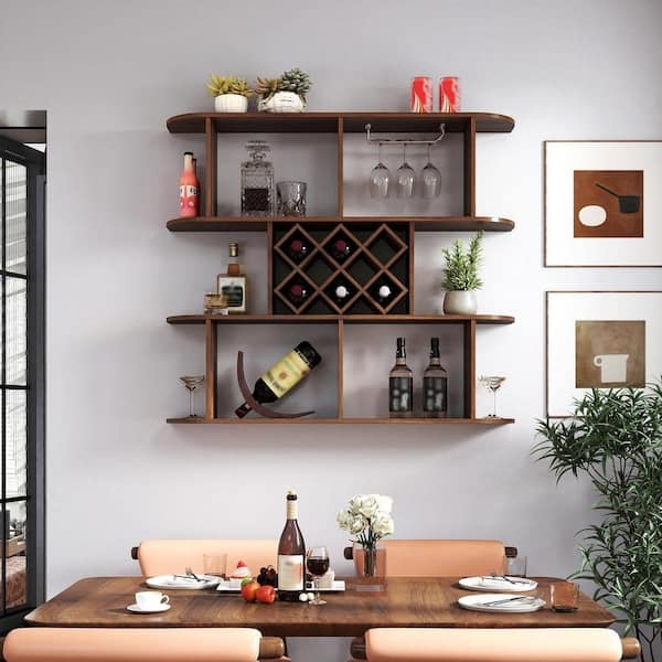 Wine Rack with Integrated Stemware Tracks, 20-Bottle Capacity, Walnut