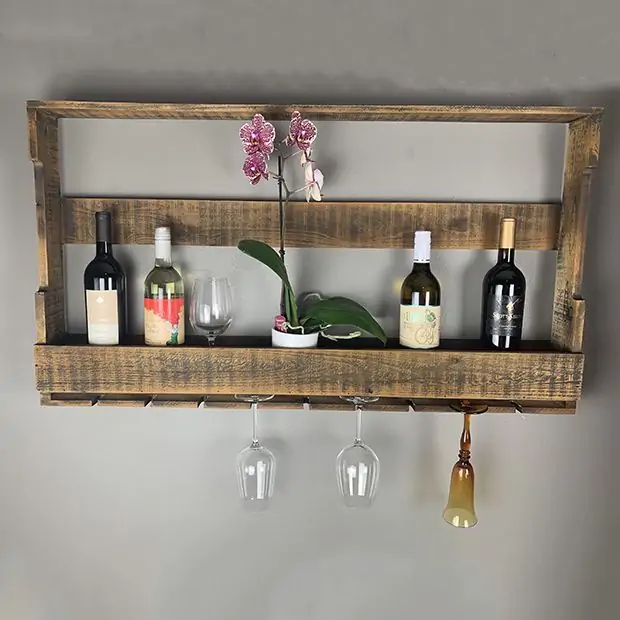 Wine Rack with Reclaimed Wood Look, Farmhouse Chic Integrated Glass Storage