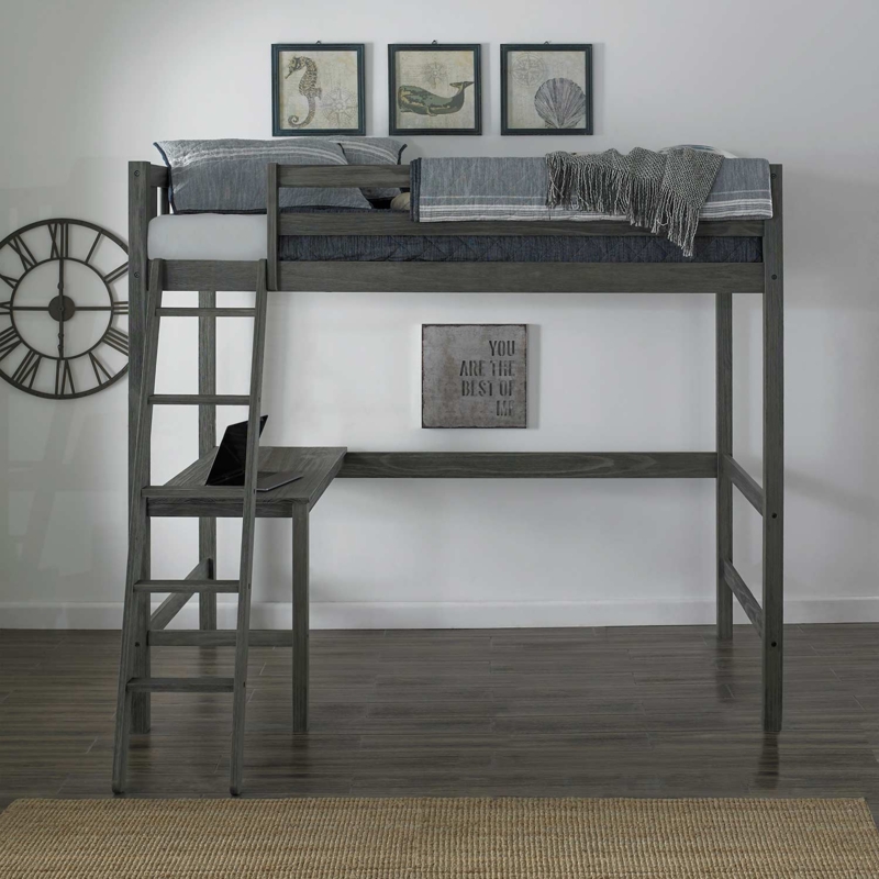 Wirebrushed Wood Twin Loft Bed with Integrated Desk and Storage Chest