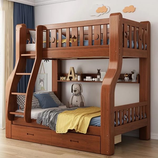 Wood Bunk Bed featuring Integrated Bookcase and Drawers, Brown