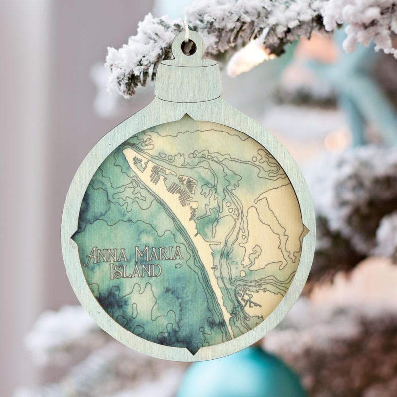Wood Christmas Ornament with 3D Bathymetric Map and Tiered Water Depths