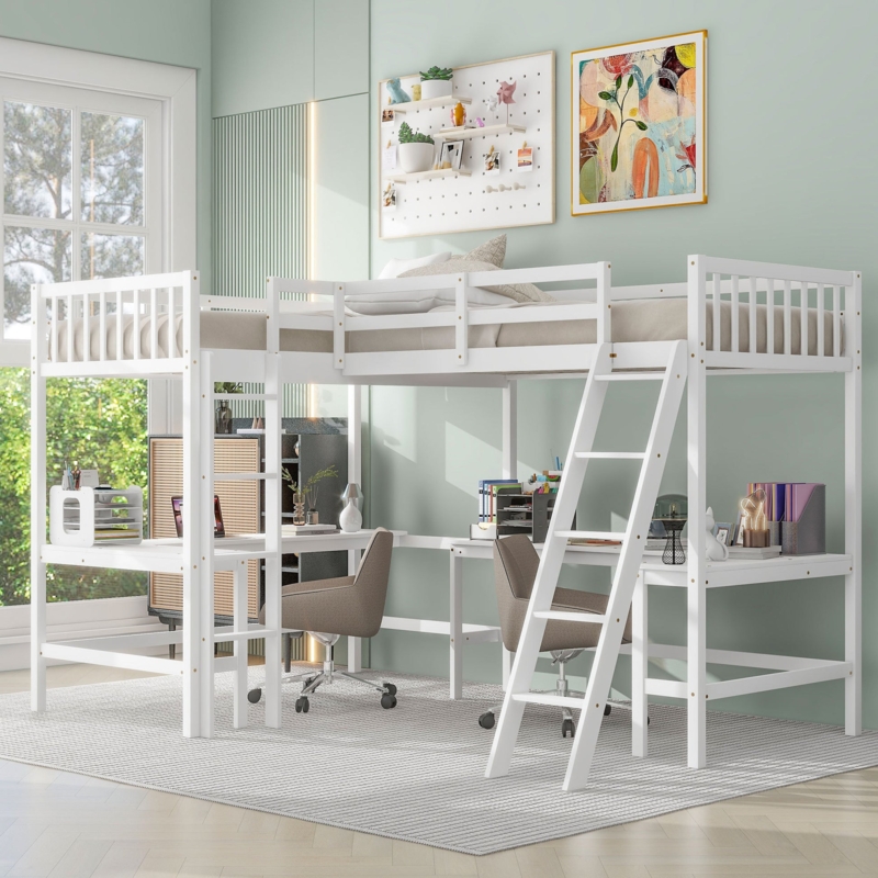 Wood Loft Bed L-Shaped Toned Dual Integrated Desks Functional