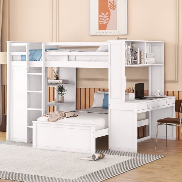 Wood Loft Bed System with Rolling Twin Bed and Wardrobe