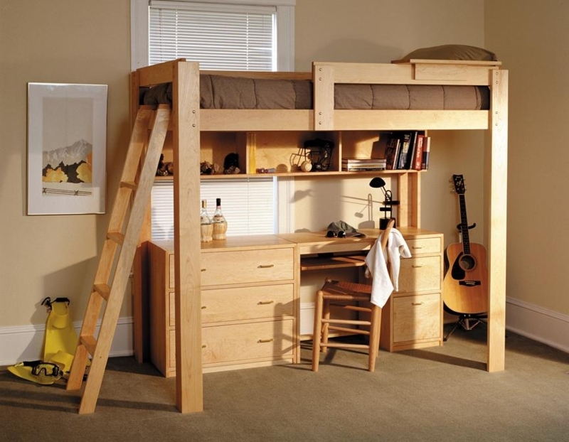 Wood Loft Bed with Built-In Dresser and Integrated Workstation