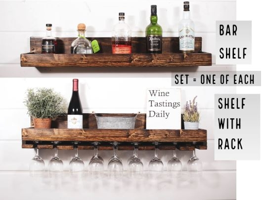 Wood Wine Rack with Glass Holder Angled Bottle Slots Rustic Shelf