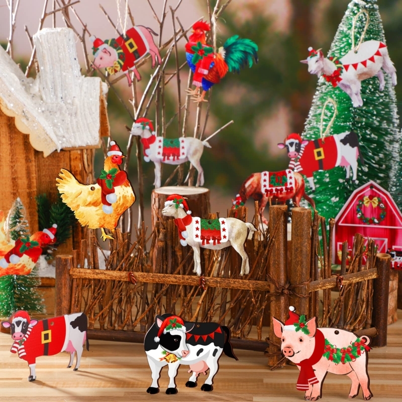Wooden Cow Holiday Ornaments: Rustic Farm Animal Shapes with Twine