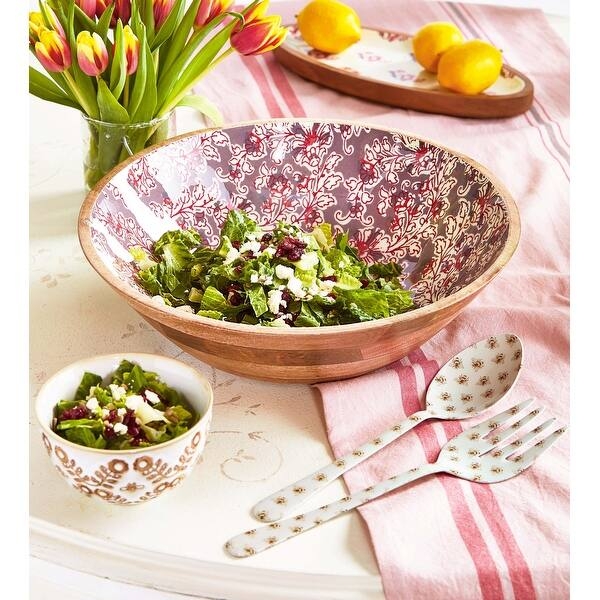Wooden Serving Bowl, Floral Enameled Interior, Boho Chic Decor