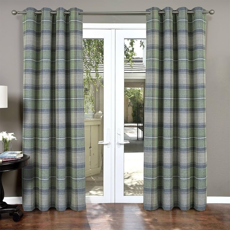Woolen Look Curtain Panels Green Plaid Grommet Top Living Room