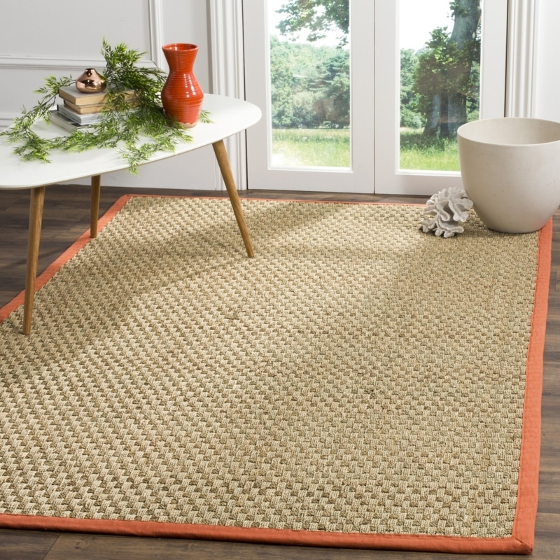 Woven Area Rug Natural Fiber with Rust Border Basketweave Coastal Style