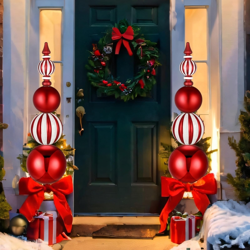 Yard Stake: Stacked Red and Green Topiary Spheres with Snowflake Decor