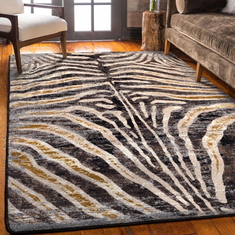 Zebra Print Area Rug, Rawhide Aesthetic, Modern Rustic, Brown & Black