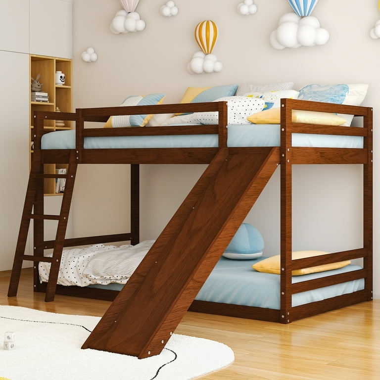 Zimtown Bunk Bed Twin Over Twin,Kids Low Floor Bed Frame with Slide for  Children Boys Girls Dormitory Bedroom,No Box Spring Needed,Brown - 