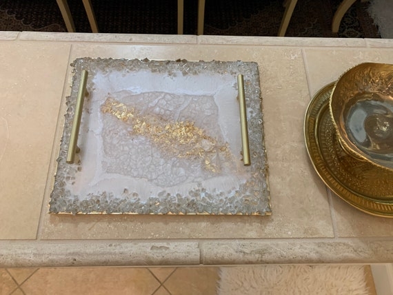 10x12 Pearl White Resin Tray With Gold Accents and Reflective Glass Rim,  Large Resin Trays With Handles, Decorative Tray, Handmade - Etsy
