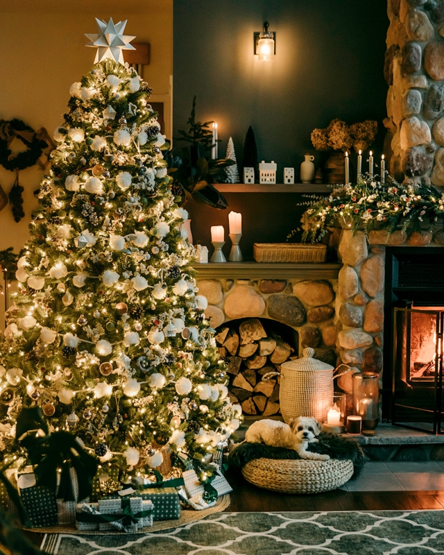 12 Foot Artificial Fir Tree, Realistic Look, Cascading Ribbons Decor.