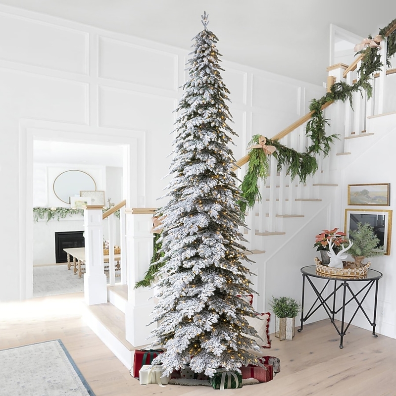 15ft Flocked White Artificial Christmas Tree Slim Pencil Silhouette