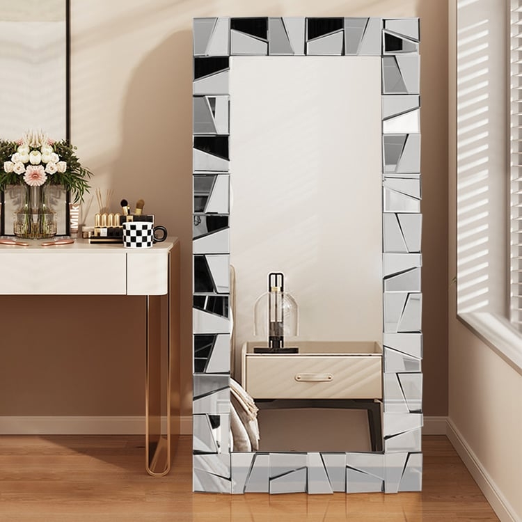 3D Faceted Glass Mirror Frame Rectangular Floor Mirror Glam Decor