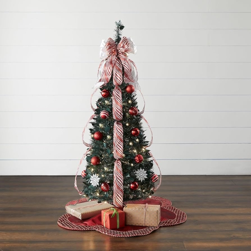 4.5ft Pop-Up Christmas Tree Pre-Decorated with Red and White Stripes