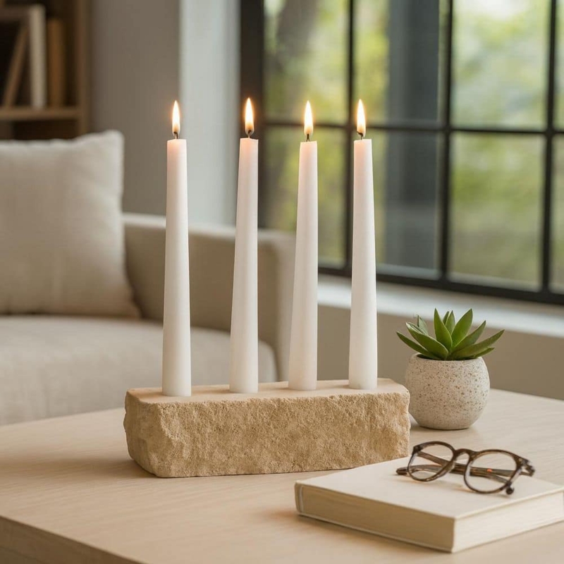 4-Taper Candle Holder Ivory Stone Live Edge Organic Modern Centerpiece