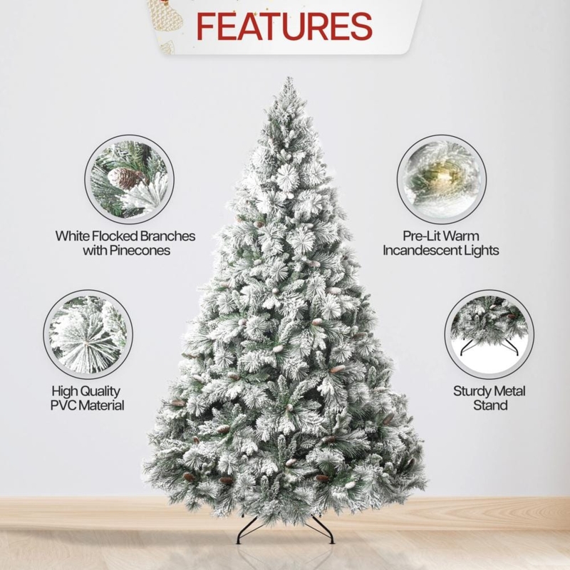 6.5ft Heavily Flocked Pre-lit Christmas Tree with Pine Cones