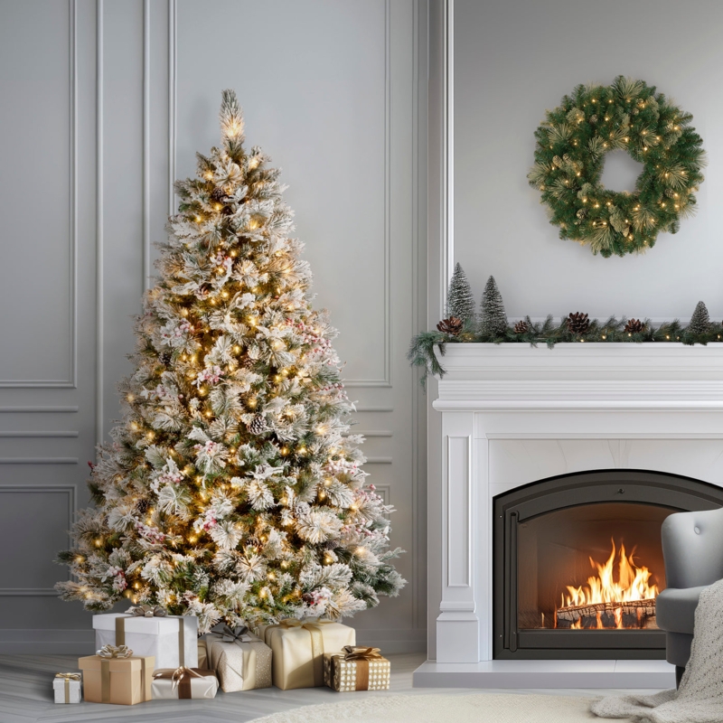 7.5-Foot Artificial Christmas Tree, Pre-Lit Heavy Snow Flocking