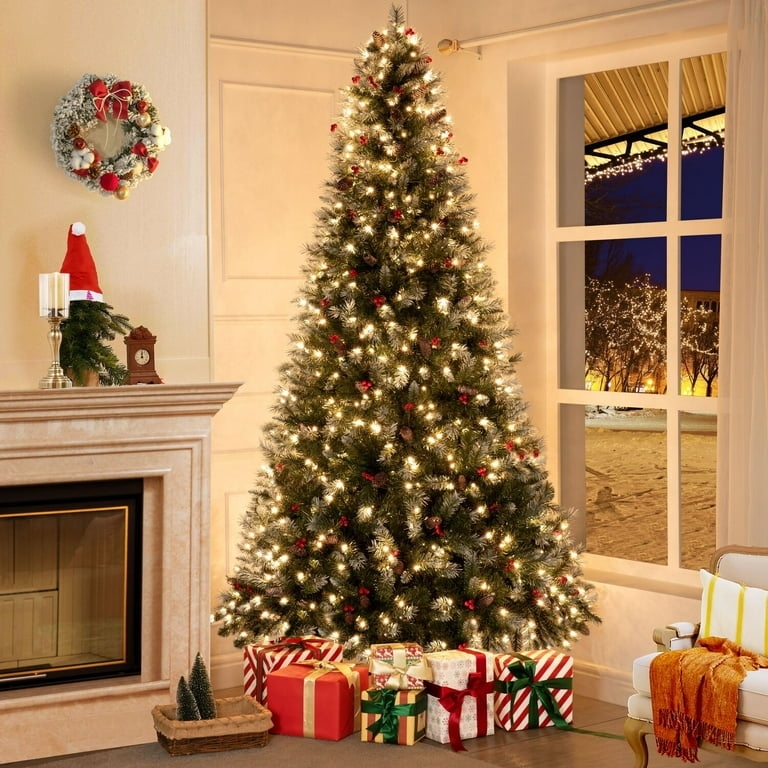 7.5ft Frosted Prelit Christmas Tree with Pine Cones and Berries
