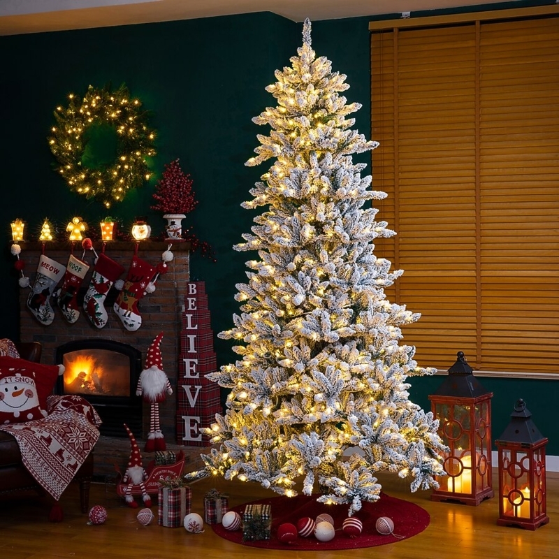9 Foot Flocked Christmas Tree, Woven Basket Base, Pre-Lit Warm LEDs.