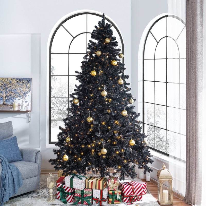 9ft Black Christmas Tree Warm Pre-Lit Lights Dramatic Glam Style