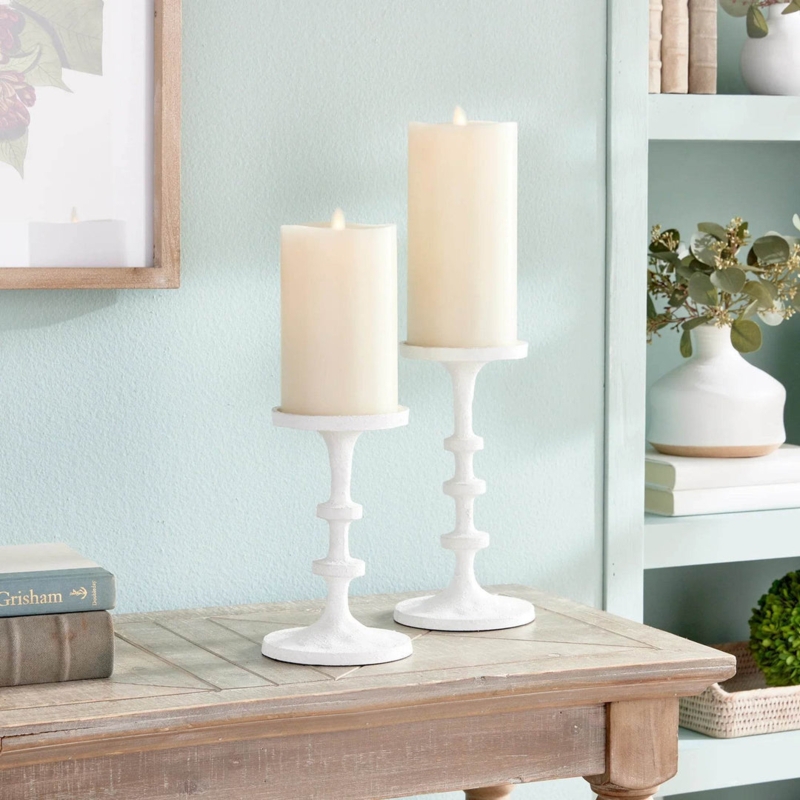 Abacus Beaded Candle Holder Set Distressed White Farmhouse