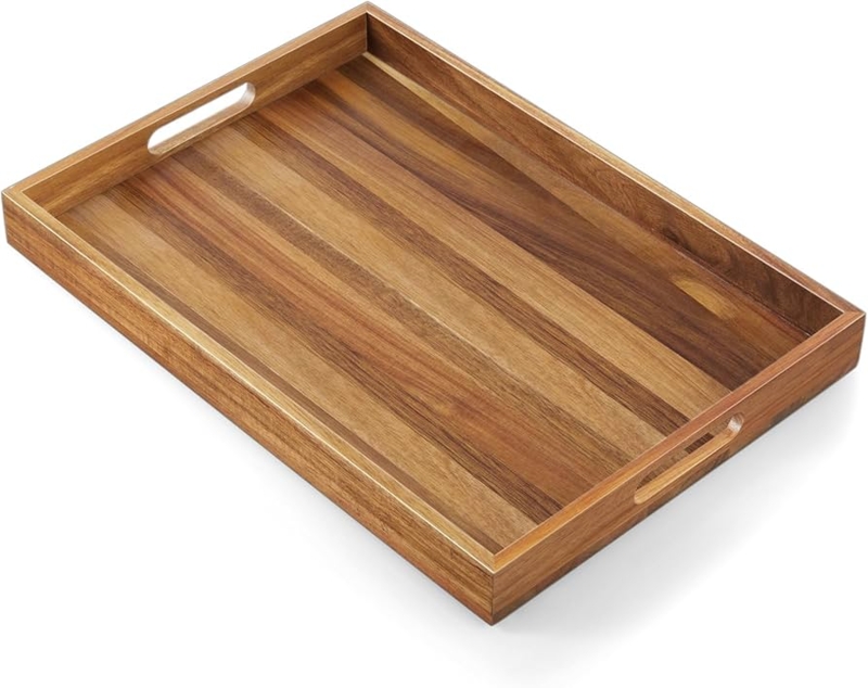 Acacia Wood Appearance Serving Tray, Deep Sides, Breakfast in Bed