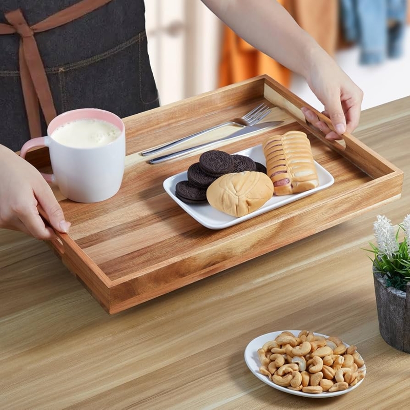Acacia Wood Tray with Woven Texture Pattern and Integrated Handles