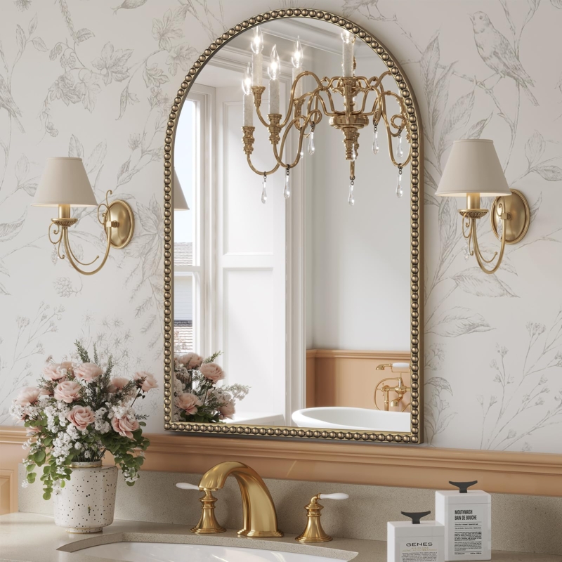 Accent Mirror Arched Top Beaded Frame, Champagne Finish.