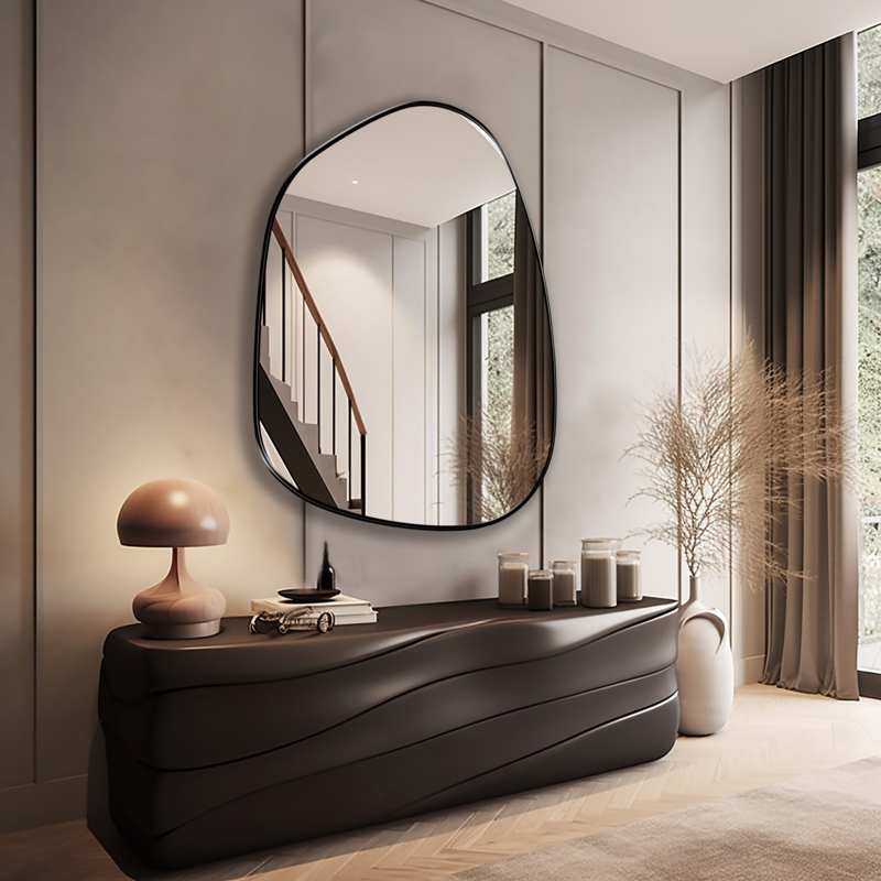 Accent Mirror Asymmetrical Wavy Edge Thin Black Frame