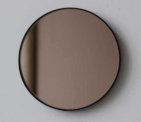 Accent Mirror Bronze Tinted Glass Round Silhouette, Slim Black Frame.