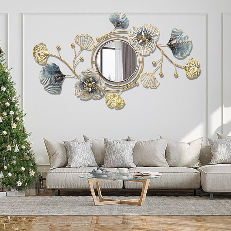 Accent Mirror Gold Ginkgo Leaf Motif, Nature Inspired Metal Wall Sculpture