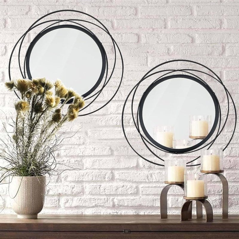 Accent Mirror Integrated Hanging Loop, Modern Industrial Round Mirror Set