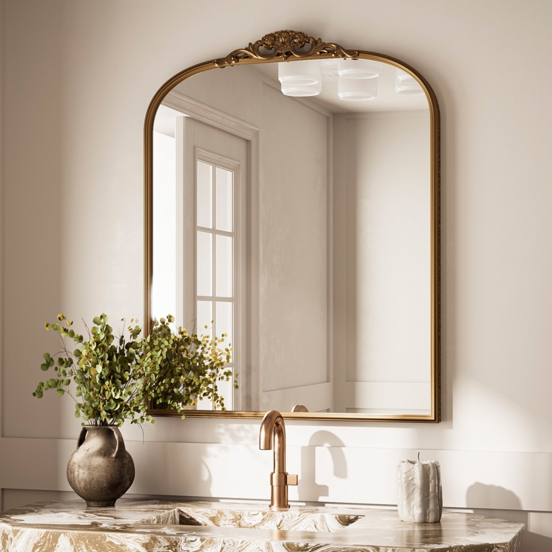 Accent Mirror: Matte Black Slim Frame Arched Top with Square Corners