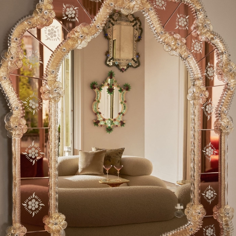 Accent Mirror Murano Glass Etched Floral Motifs Venetian Style Rectangular